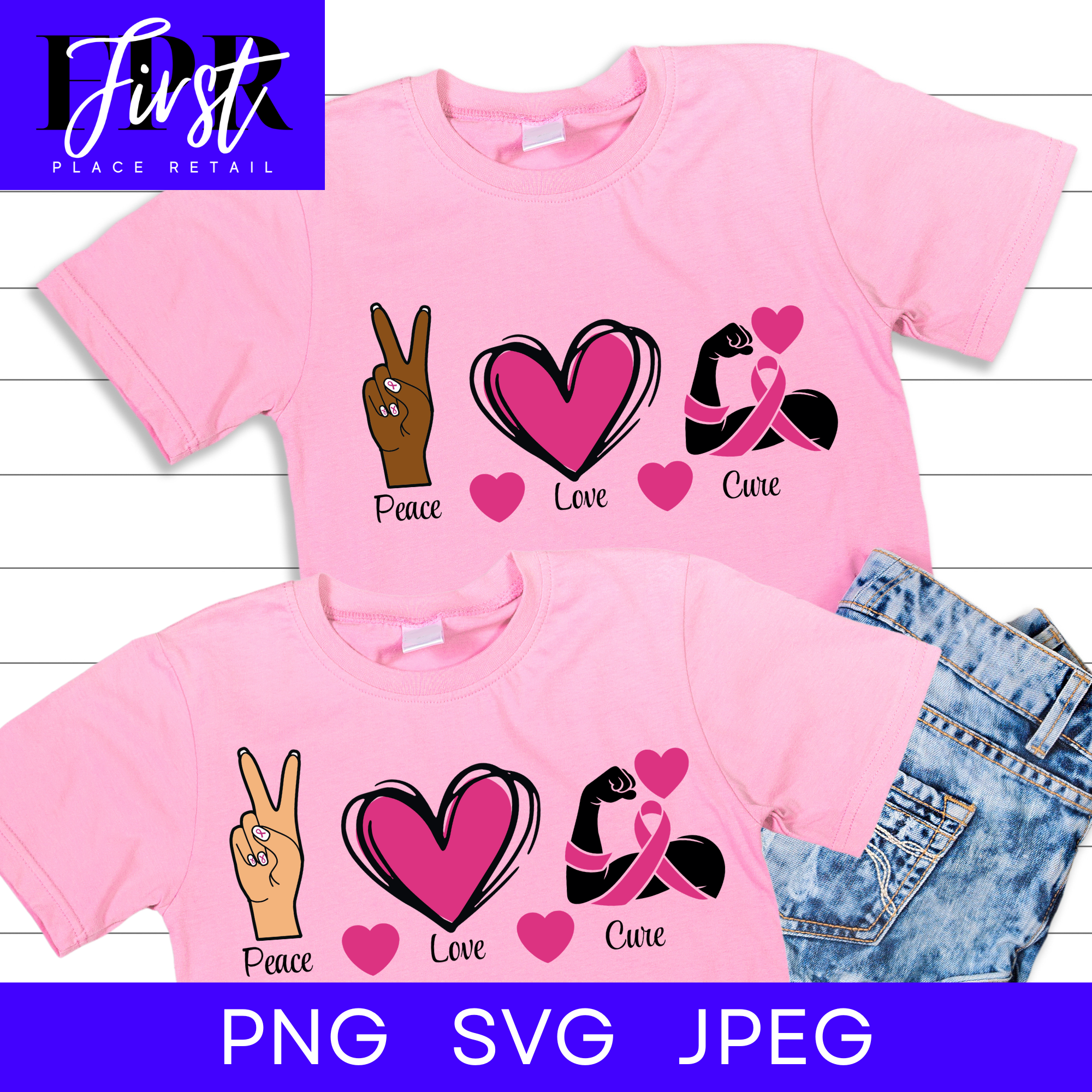 Peace Love Cure SVG Cut File, Printable png and jpeg for Iron On Transfer. Instant Download. Breast Cancer Awareness.