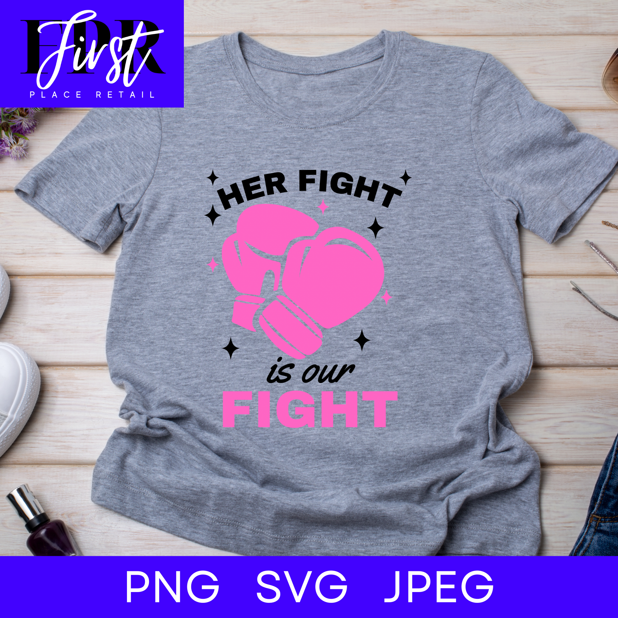 Her Fight is Our Fight Cut File, Printable png and jpeg for Iron On Transfer. Instant Download. Breast Cancer Awareness.